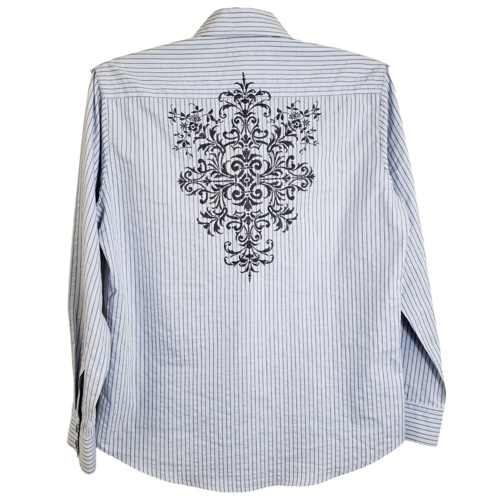 7 Diamonds Button Up Men's XL Long Sleeve Shirt Silver Y2k Embroidered Design